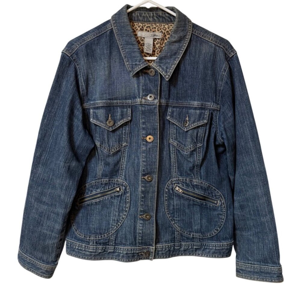Chicos Jean Jacket Size 3 Blue Denim XL Button Up Y2K Cotton Stretch Zip Pockets